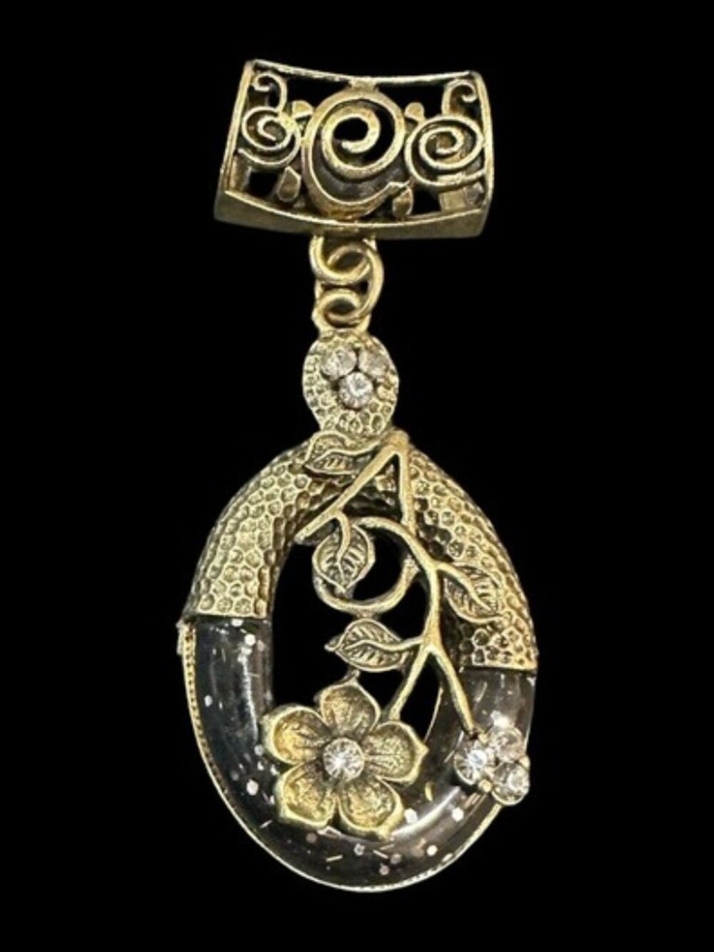 Vintage Scarf Slider Pendant Antique Gold Tone Floral Rhinestone Womens